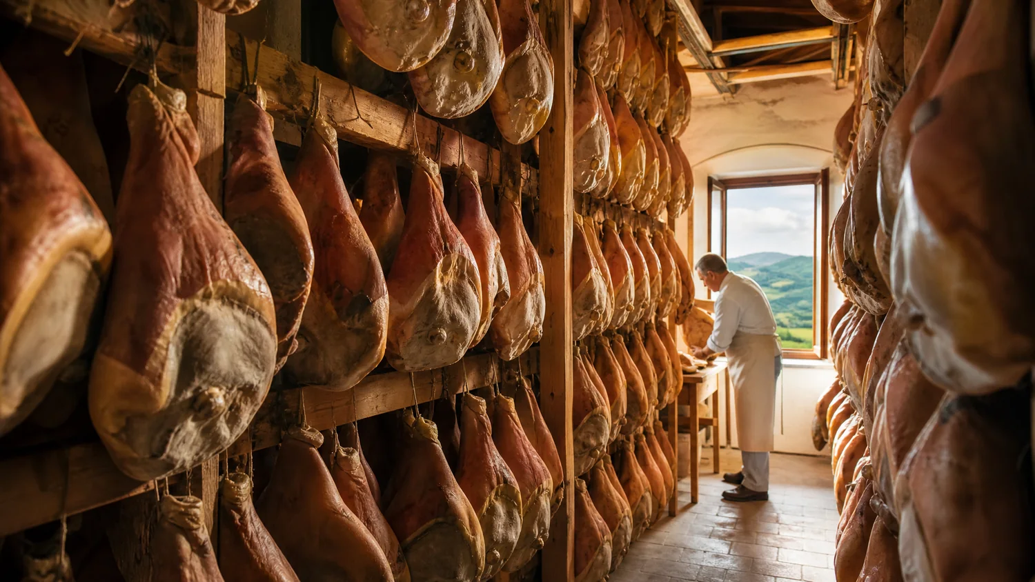 File di prosciutti interi appesi in una sala di stagionatura con una finestra aperta sulle colline verdi
